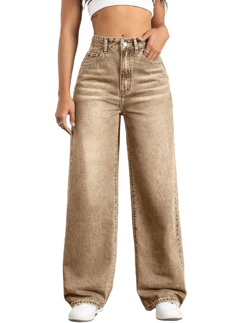 Women's Brown High Waisted Wide Denim Pants Baggy Trendy Straight Leg Jeans